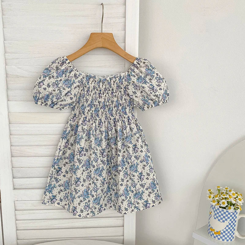Toddler Baby Girls Floral Princess Dress Little Girl Cotton Short Sleeve Blue Flowers Party Dress Summer Casual Dresses Kids Clothes