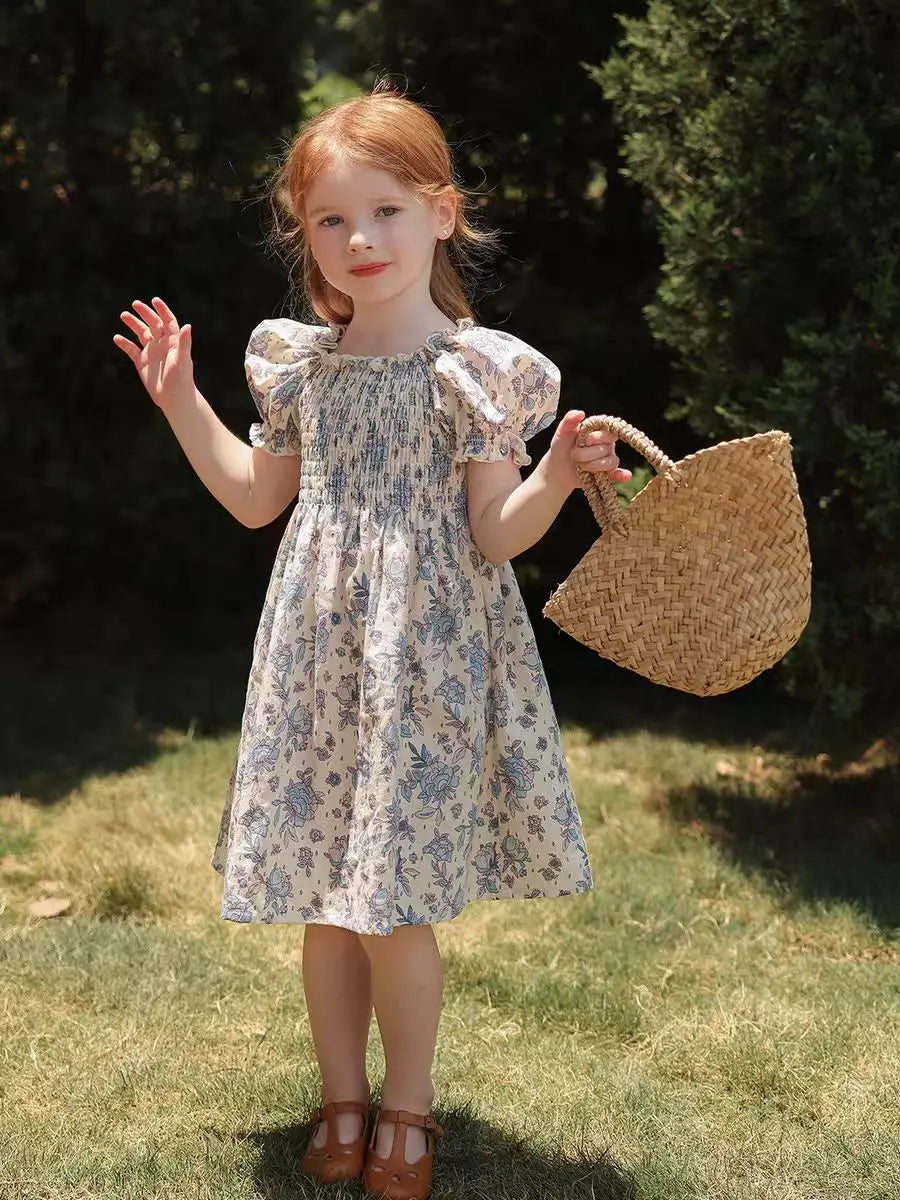 Toddler Baby Girls Floral Princess Dress Little Girl Cotton Short Sleeve Blue Flowers Party Dress Summer Casual Dresses Kids Clothes