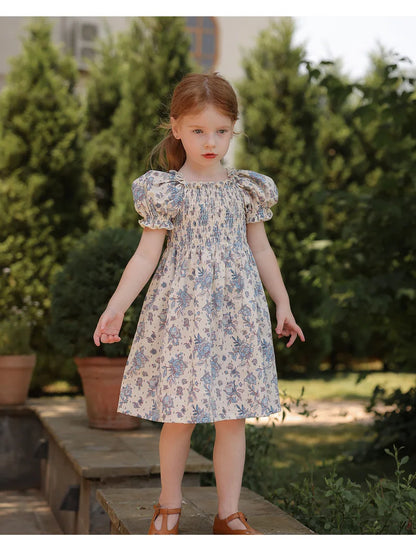 Toddler Baby Girls Floral Princess Dress Little Girl Cotton Short Sleeve Blue Flowers Party Dress Summer Casual Dresses Kids Clothes