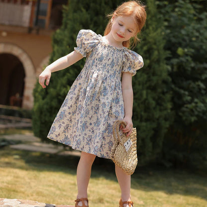 Toddler Baby Girls Floral Princess Dress Little Girl Cotton Short Sleeve Blue Flowers Party Dress Summer Casual Dresses Kids Clothes