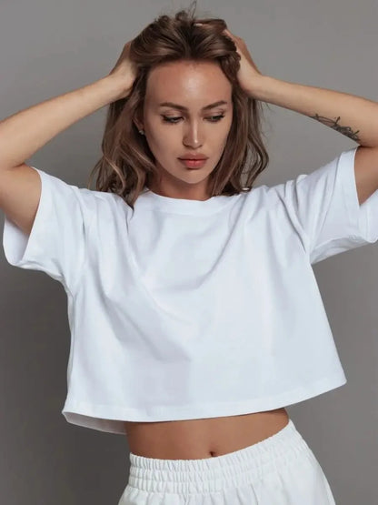 100% Cotton Short T Shirt Women 2024 New Y2k Summer Basic Vintage Tees Casual Loose Chic O Neck Female Crop Tops