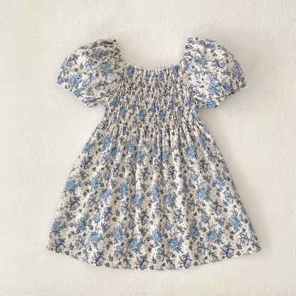 Toddler Baby Girls Floral Princess Dress Little Girl Cotton Short Sleeve Blue Flowers Party Dress Summer Casual Dresses Kids Clothes