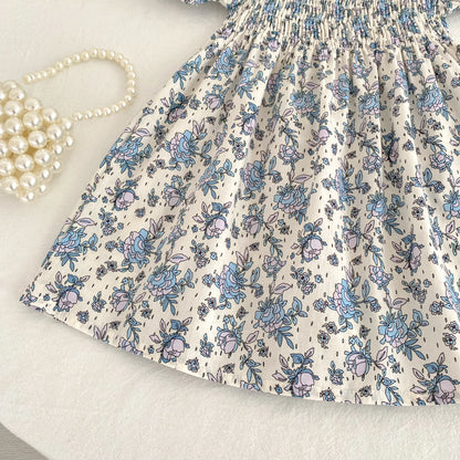 Toddler Baby Girls Floral Princess Dress Little Girl Cotton Short Sleeve Blue Flowers Party Dress Summer Casual Dresses Kids Clothes