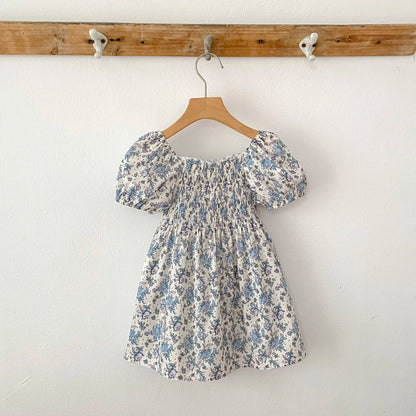 Toddler Baby Girls Floral Princess Dress Little Girl Cotton Short Sleeve Blue Flowers Party Dress Summer Casual Dresses Kids Clothes