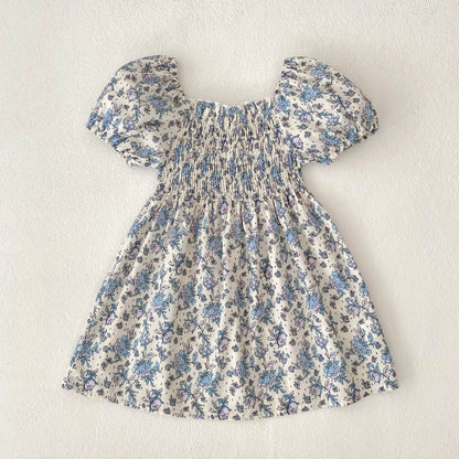 Toddler Baby Girls Floral Princess Dress Little Girl Cotton Short Sleeve Blue Flowers Party Dress Summer Casual Dresses Kids Clothes