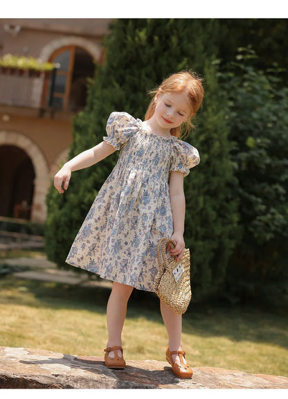 Toddler Baby Girls Floral Princess Dress Little Girl Cotton Short Sleeve Blue Flowers Party Dress Summer Casual Dresses Kids Clothes