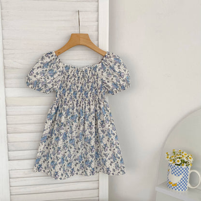 Toddler Baby Girls Floral Princess Dress Little Girl Cotton Short Sleeve Blue Flowers Party Dress Summer Casual Dresses Kids Clothes