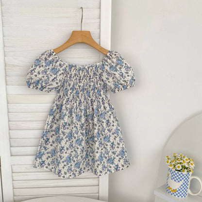Toddler Baby Girls Floral Princess Dress Little Girl Cotton Short Sleeve Blue Flowers Party Dress Summer Casual Dresses Kids Clothes