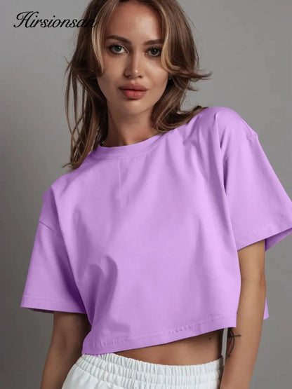 100% Cotton Short T Shirt Women 2024 New Y2k Summer Basic Vintage Tees Casual Loose Chic O Neck Female Crop Tops