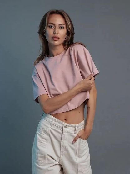 100% Cotton Short T Shirt Women 2024 New Y2k Summer Basic Vintage Tees Casual Loose Chic O Neck Female Crop Tops