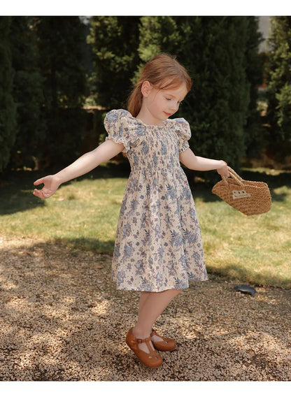 Toddler Baby Girls Floral Princess Dress Little Girl Cotton Short Sleeve Blue Flowers Party Dress Summer Casual Dresses Kids Clothes