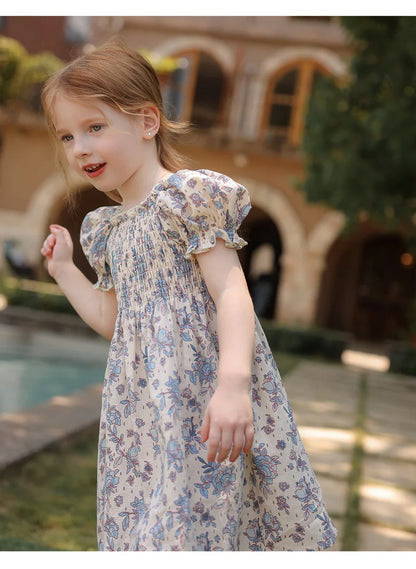 Toddler Baby Girls Floral Princess Dress Little Girl Cotton Short Sleeve Blue Flowers Party Dress Summer Casual Dresses Kids Clothes
