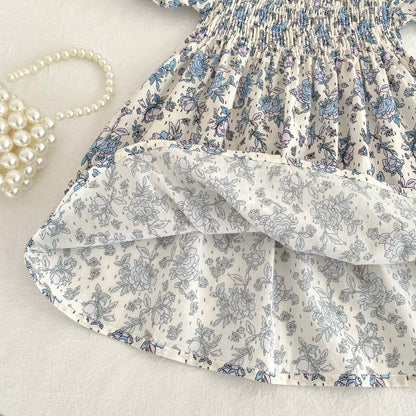 Toddler Baby Girls Floral Princess Dress Little Girl Cotton Short Sleeve Blue Flowers Party Dress Summer Casual Dresses Kids Clothes