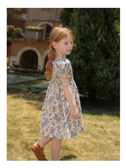 Toddler Baby Girls Floral Princess Dress Little Girl Cotton Short Sleeve Blue Flowers Party Dress Summer Casual Dresses Kids Clothes