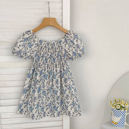 Toddler Baby Girls Floral Princess Dress Little Girl Cotton Short Sleeve Blue Flowers Party Dress Summer Casual Dresses Kids Clothes