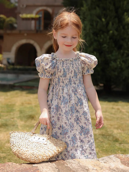 Toddler Baby Girls Floral Princess Dress Little Girl Cotton Short Sleeve Blue Flowers Party Dress Summer Casual Dresses Kids Clothes