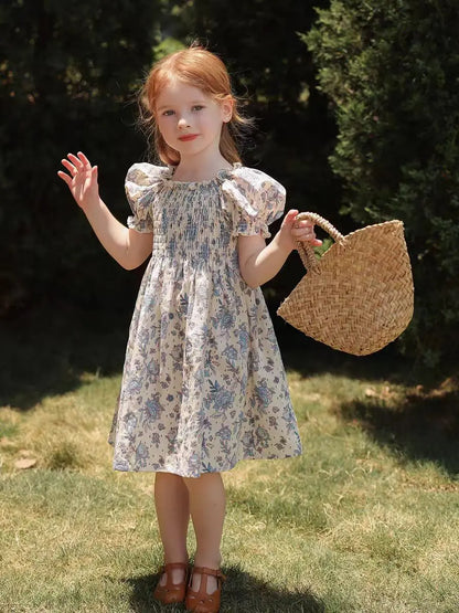 Toddler Baby Girls Floral Princess Dress Little Girl Cotton Short Sleeve Blue Flowers Party Dress Summer Casual Dresses Kids Clothes