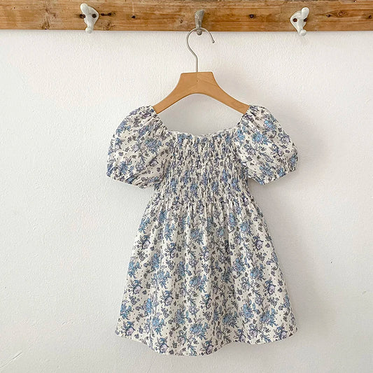 Toddler Baby Girls Floral Princess Dress Little Girl Cotton Short Sleeve Blue Flowers Party Dress Summer Casual Dresses Kids Clothes